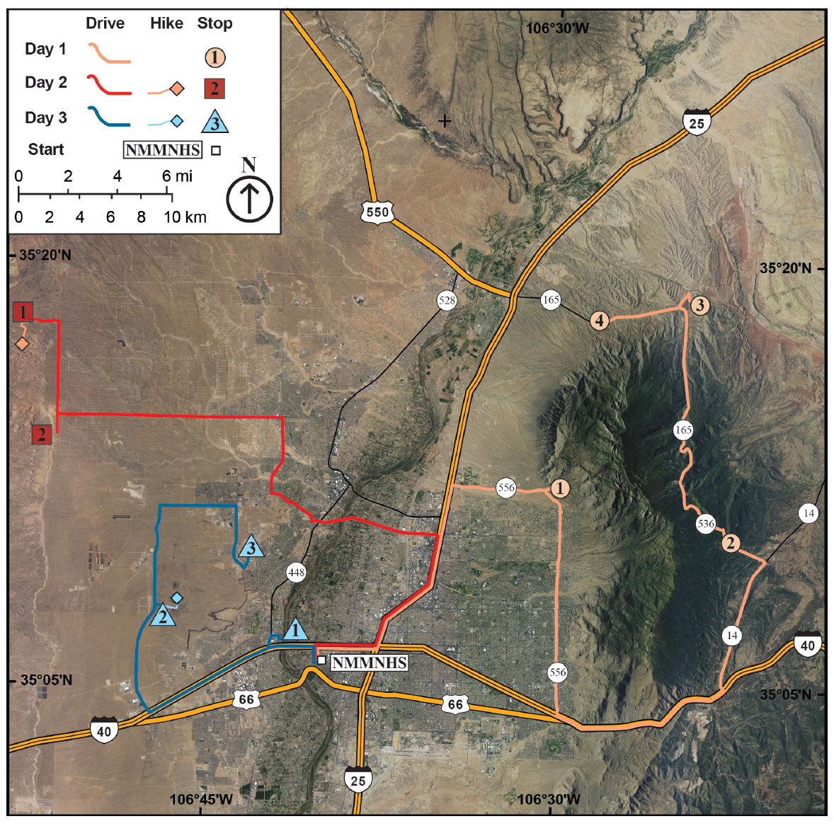 Map of Fall Field Conference trip routes for Day 1, 2, and 3, showing driving routes, hikes, and stops starting from NMMNHS