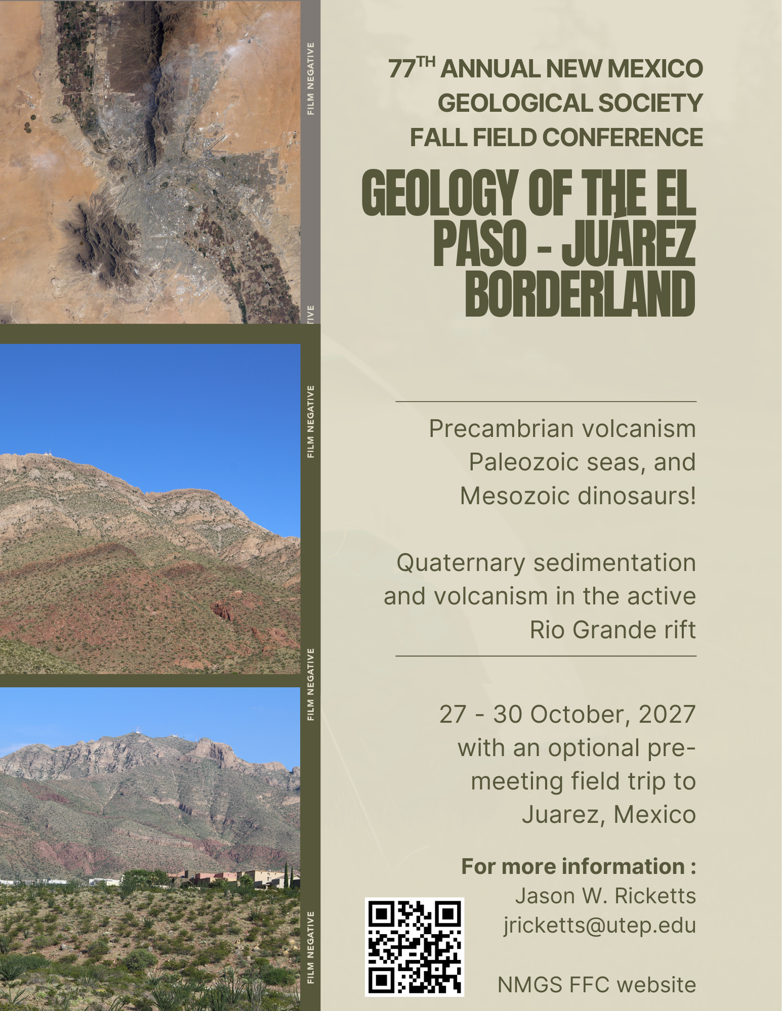 Flyer for 2027 Fall Field Conference. Geology of El Paso - Juarez Borderland. October 27-30, 2027. Contact Jason Ricketts for more information - JRicketts@utep.edu